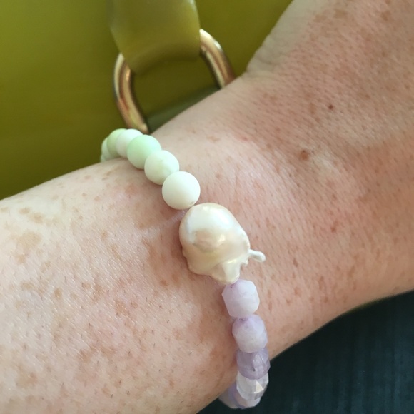 Baroque pearl, amethyst, ametrine, lemon chrysoprase stretch bracelet handmade - Picture 3 of 8